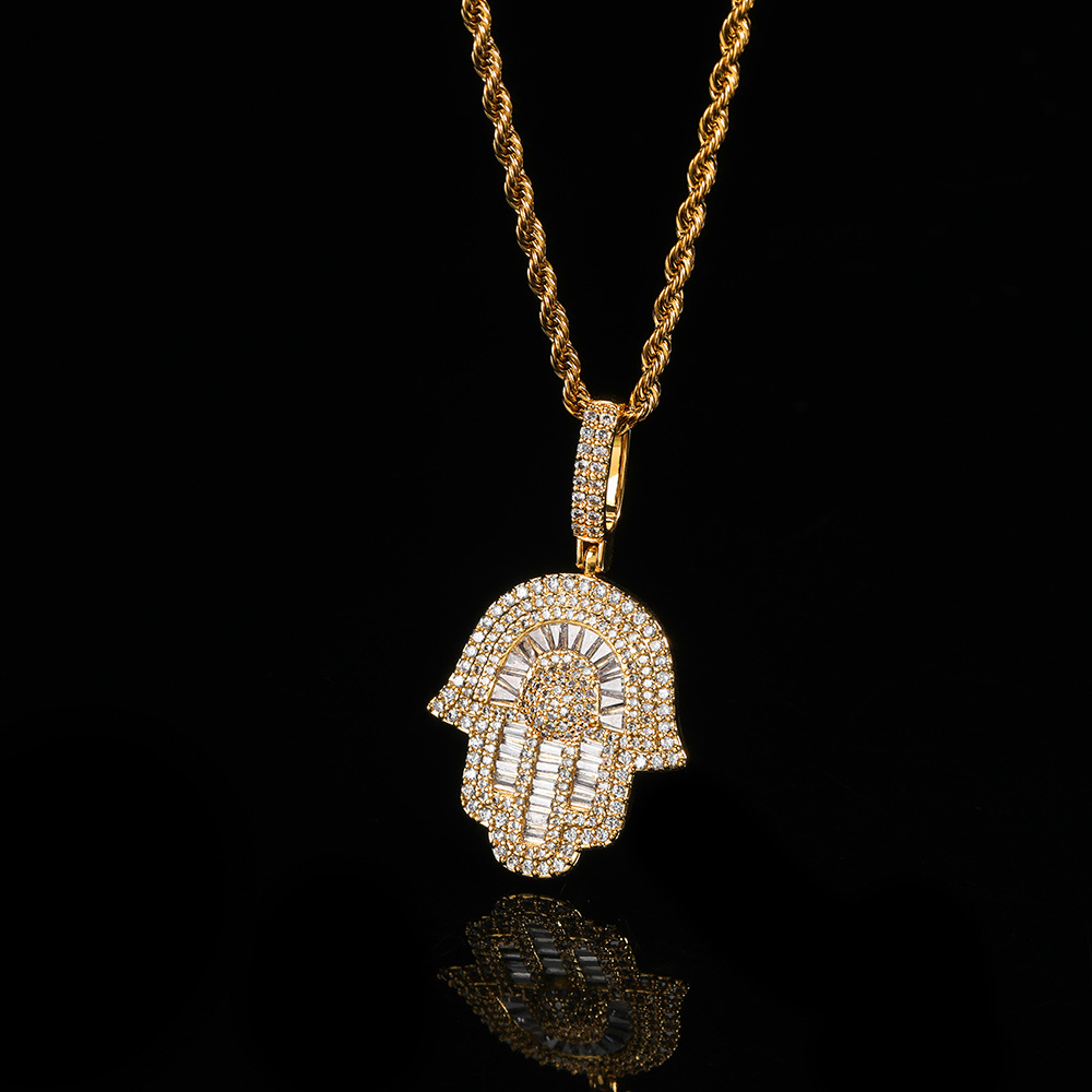 Hip Hop Copper Inlaid Zircon Small Size Palm Pendant Real Gold Plated Necklace