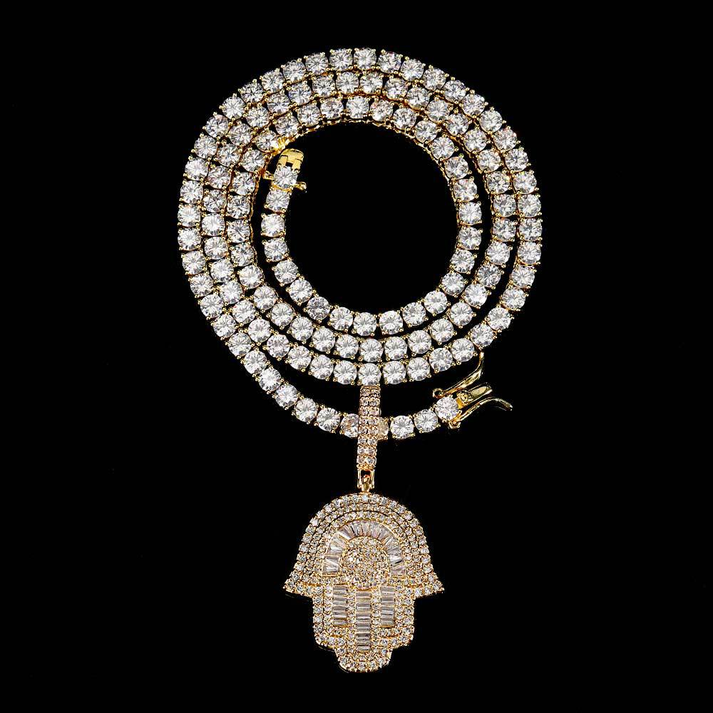Hip Hop Copper Inlaid Zircon Small Size Palm Pendant Real Gold Plated Necklace