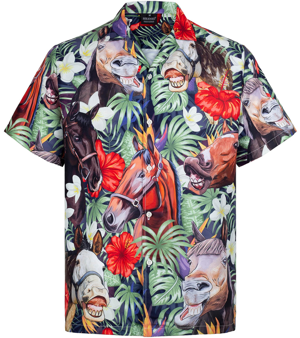 MIKENKO Funny Horse Hawaiian Shirt for Men Funny Button Down Shirt Men Summer Short Sleeve Button Up Shirts for Men Women