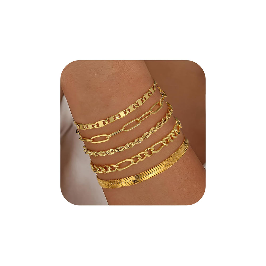 Turandoss Gold Bracelets for Women Trendy Waterproof - Real Gold Plated 5Pcs Gold Bracelets Stackable Paperclip Link Chain Snake Twists Gold Chain Bracelets Set Gold Bracelets for Women Jewelry Gifts