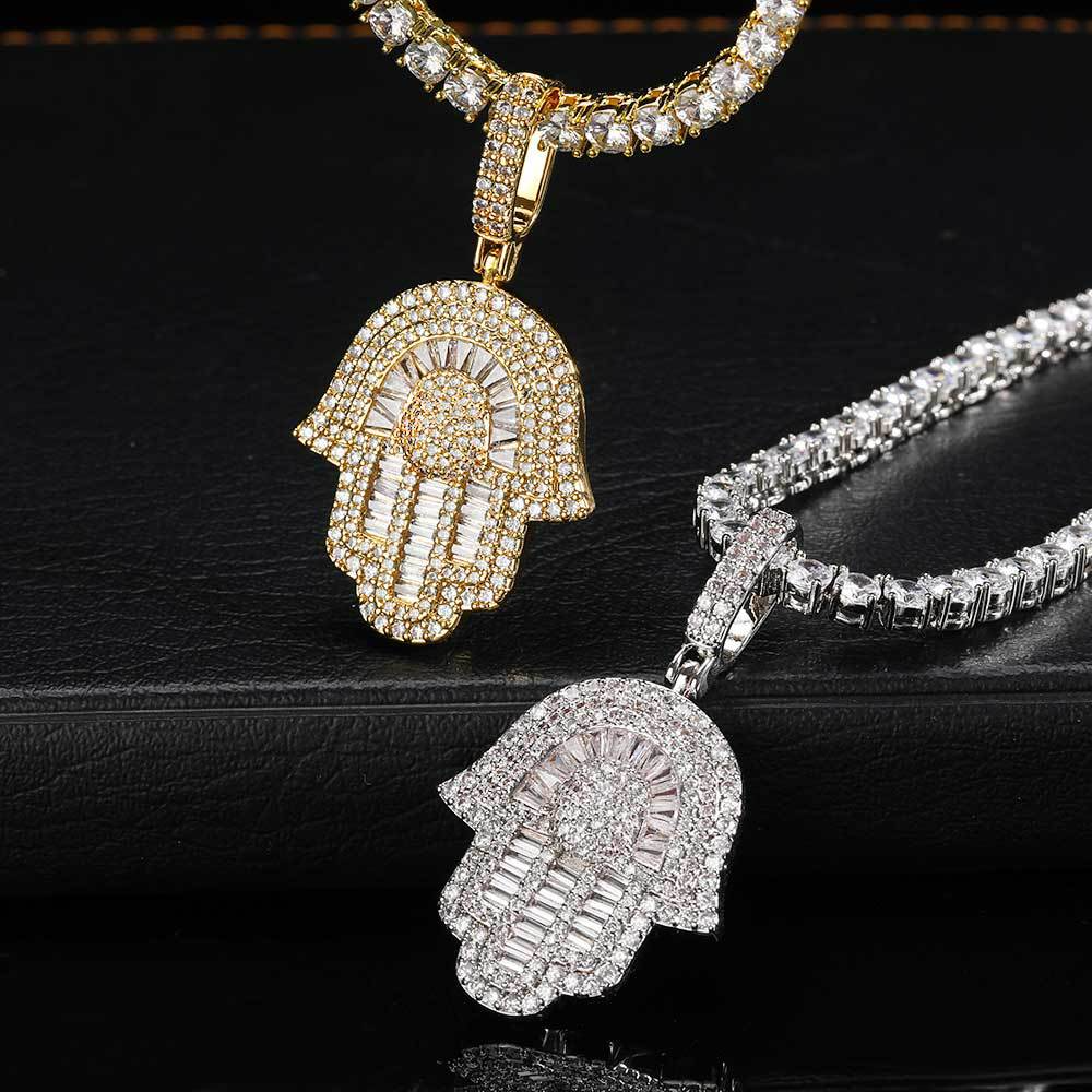 Hip Hop Copper Inlaid Zircon Small Size Palm Pendant Real Gold Plated Necklace