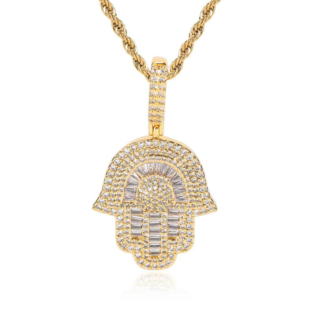 Hip Hop Copper Inlaid Zircon Small Size Palm Pendant Real Gold Plated Necklace